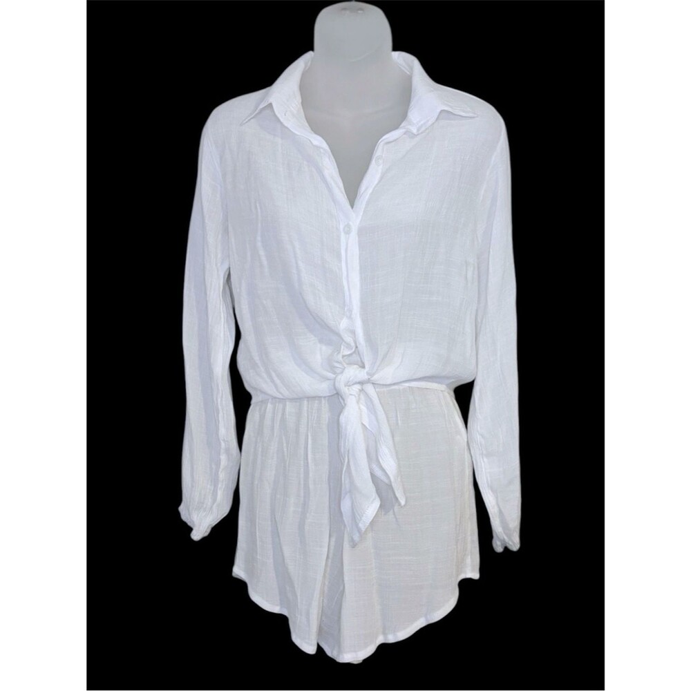 White Tie-Front Gauze Button-Up Shirt and Shorts Set Size Small